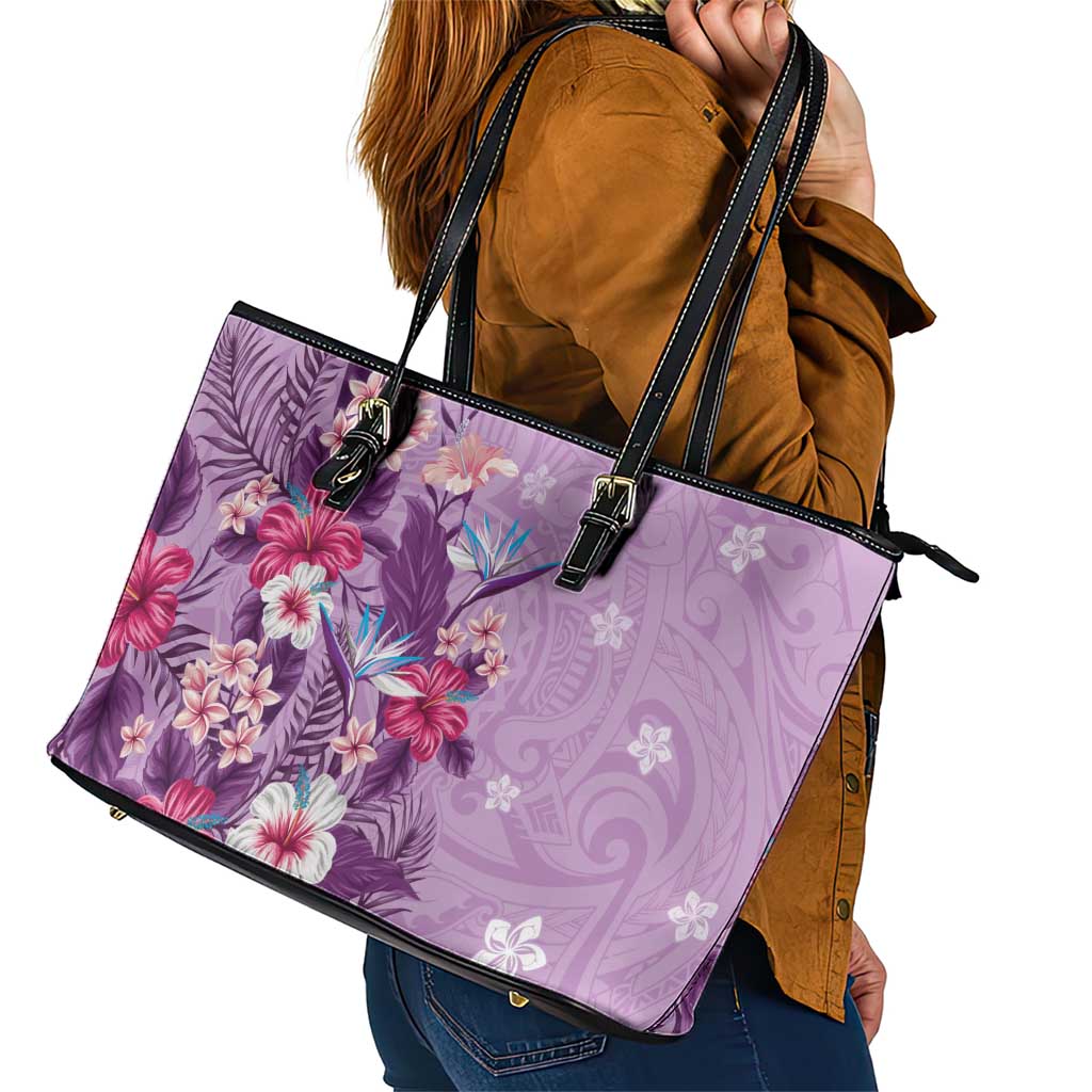 Hawaii Tropical Flowers Leather Tote Bag Polynesian Tattoo Lavender LT05 - Polynesian Pride