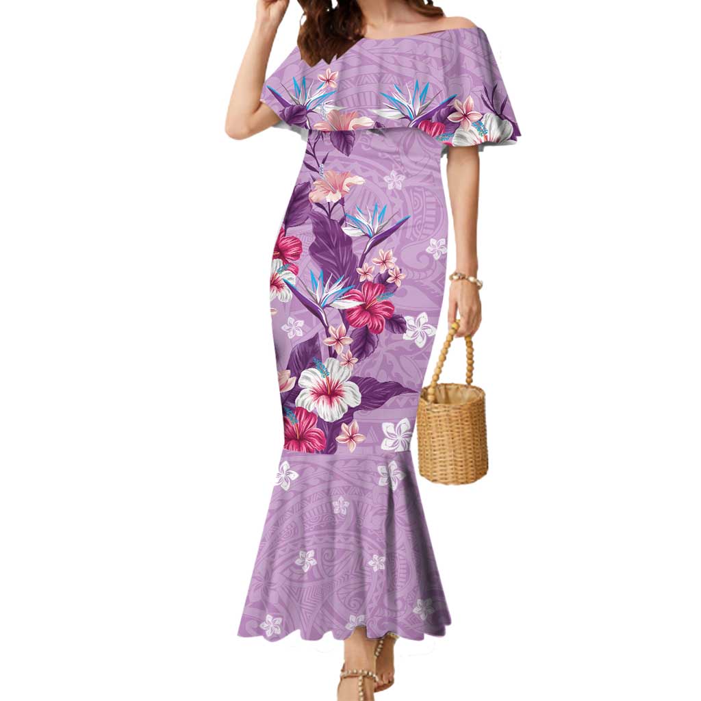 Hawaii Tropical Flowers Mermaid Dress Polynesian Tattoo Lavender