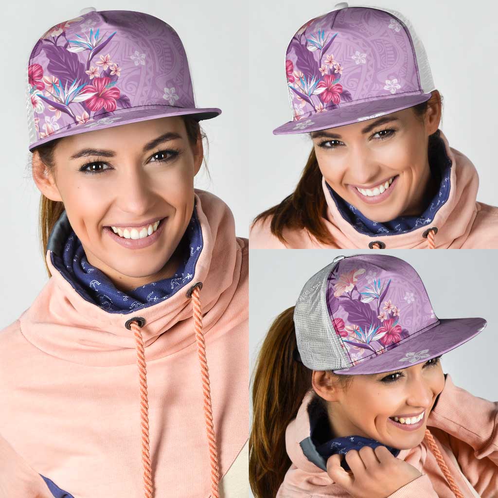 Hawaii Tropical Flowers Mesh Trucker Cap Polynesian Tattoo Lavender LT05 - Polynesian Pride
