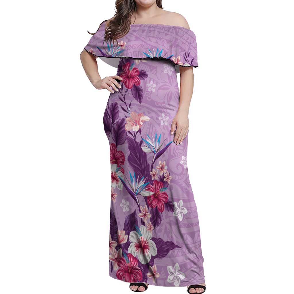 Hawaii Tropical Flowers Off Shoulder Maxi Dress Polynesian Tattoo Lavender LT05 Women Lavender - Polynesian Pride