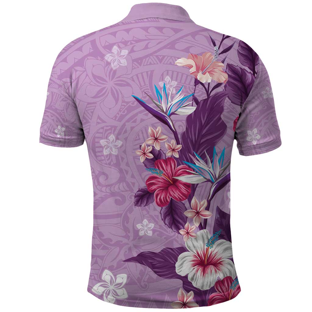Hawaii Tropical Flowers Polo Shirt Polynesian Tattoo Lavender