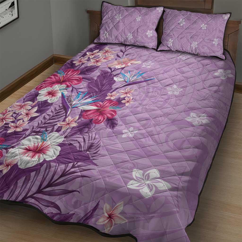 Hawaii Tropical Flowers Quilt Bed Set Polynesian Tattoo Lavender