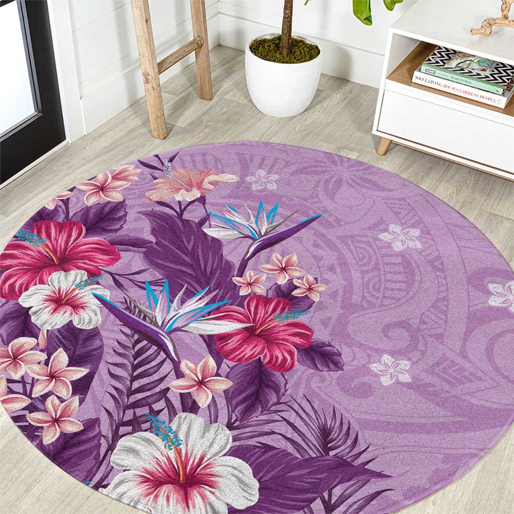 Hawaii Tropical Flowers Round Carpet Polynesian Tattoo Lavender