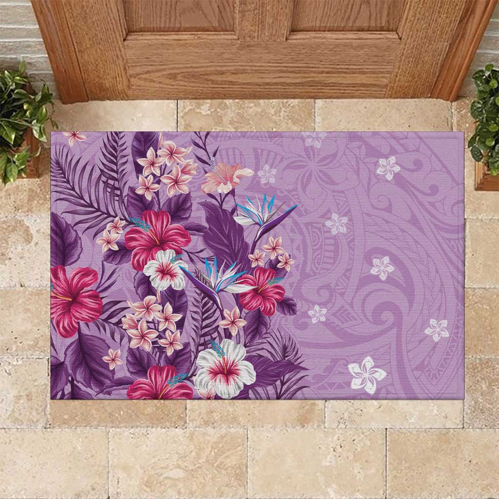 Hawaii Tropical Flowers Rubber Doormat Polynesian Tattoo Lavender