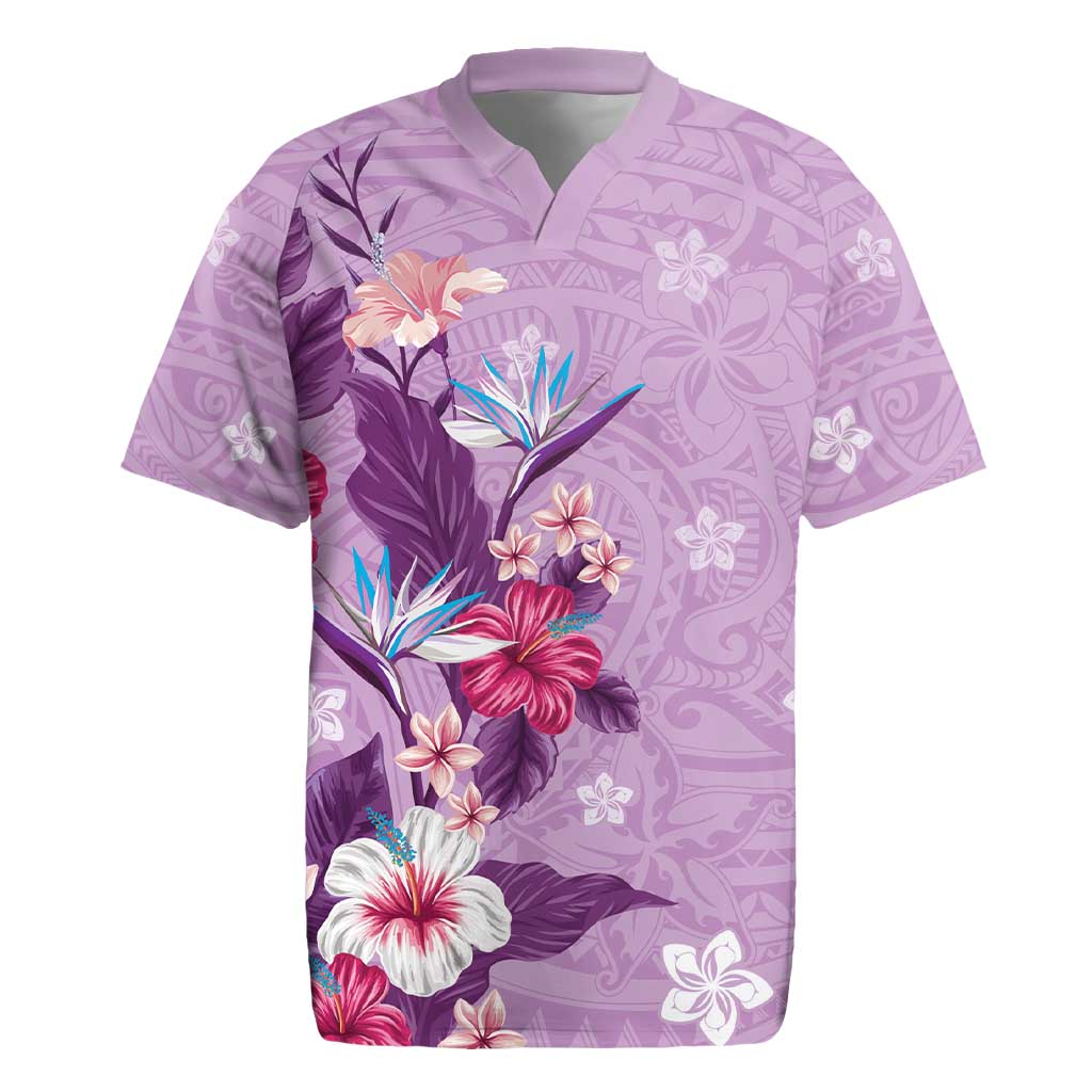 Hawaii Tropical Flowers Rugby Jersey Polynesian Tattoo Lavender