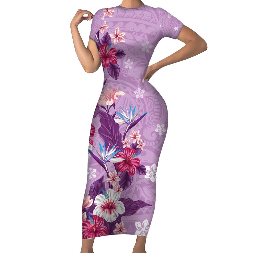 Hawaii Tropical Flowers Short Sleeve Bodycon Dress Polynesian Tattoo Lavender