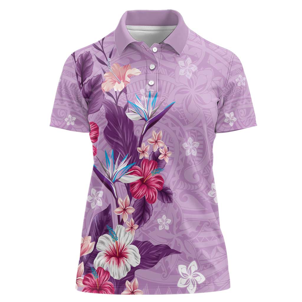 Hawaii Tropical Flowers Women Polo Shirt Polynesian Tattoo Lavender