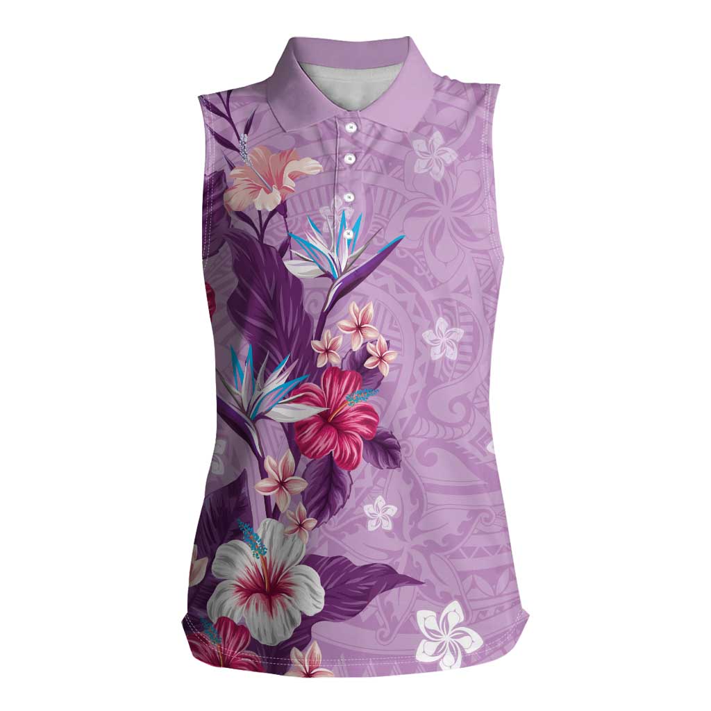 Hawaii Tropical Flowers Women Sleeveless Polo Shirt Polynesian Tattoo Lavender