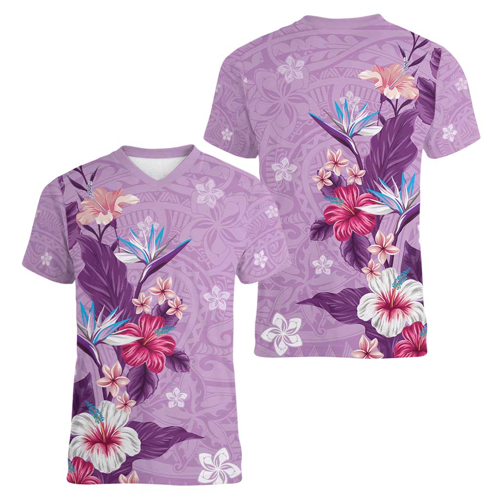 Hawaii Tropical Flowers Women V-Neck T-Shirt Polynesian Tattoo Lavender LT05 - Polynesian Pride