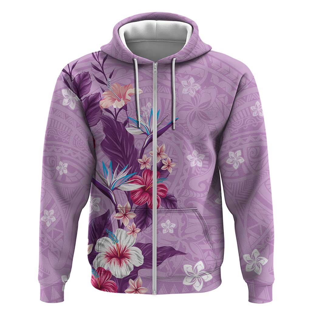 Hawaii Tropical Flowers Zip Hoodie Polynesian Tattoo Lavender