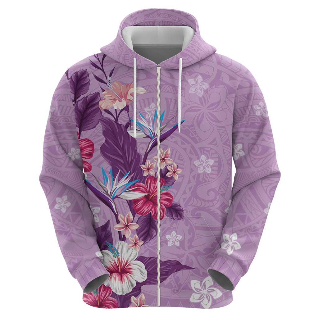 Hawaii Tropical Flowers Zip Hoodie Polynesian Tattoo Lavender