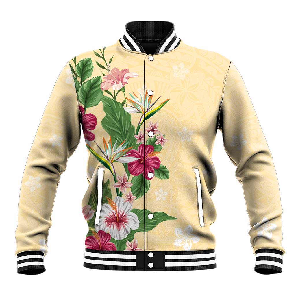 Hawaii Tropical Flowers Baseball Jacket Polynesian Tattoo Buttermilk LT05 Unisex Beige - Polynesian Pride