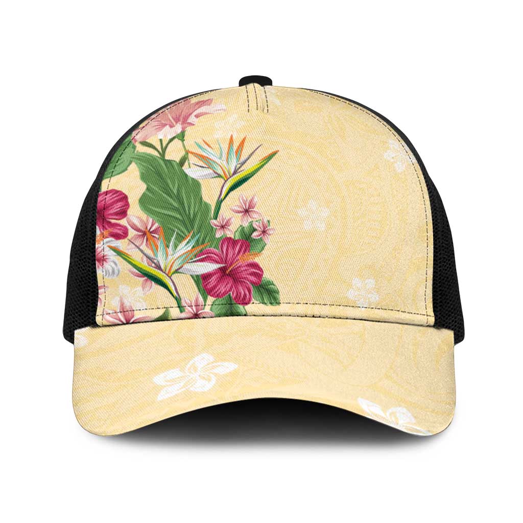 Hawaii Tropical Flowers Baseball Net Cap Polynesian Tattoo Buttermilk LT05 One Size Black Beige - Polynesian Pride