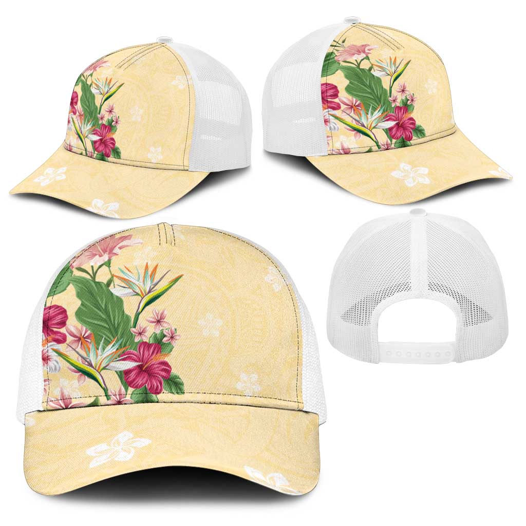 Hawaii Tropical Flowers Baseball Net Cap Polynesian Tattoo Buttermilk LT05 - Polynesian Pride