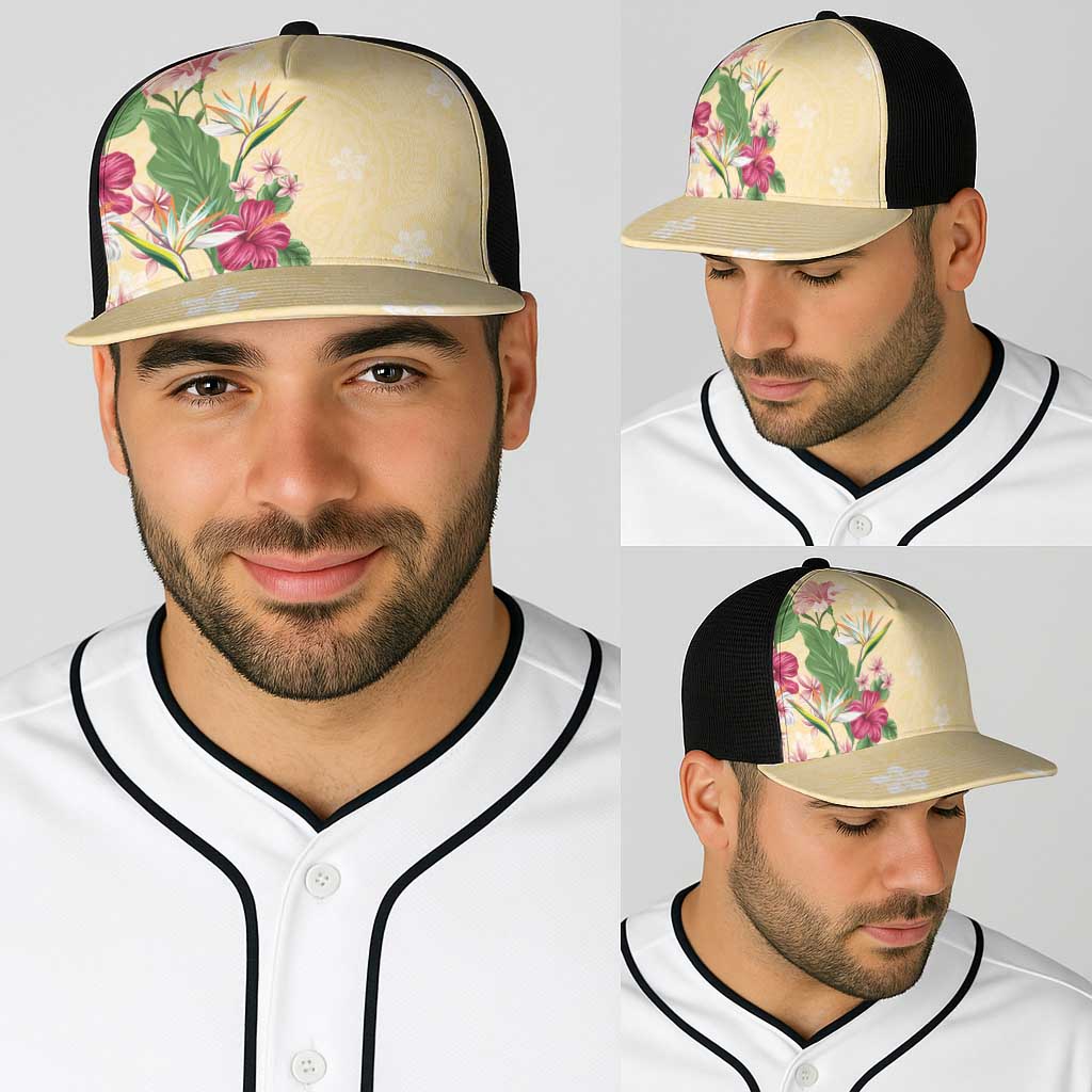 Hawaii Tropical Flowers Baseball Net Cap Polynesian Tattoo Buttermilk LT05 - Polynesian Pride