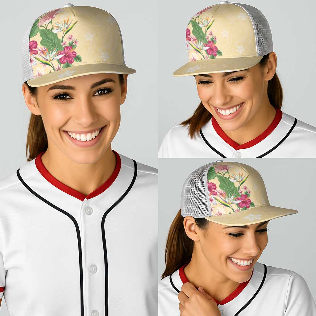 Hawaii Tropical Flowers Baseball Net Cap Polynesian Tattoo Buttermilk LT05 - Polynesian Pride