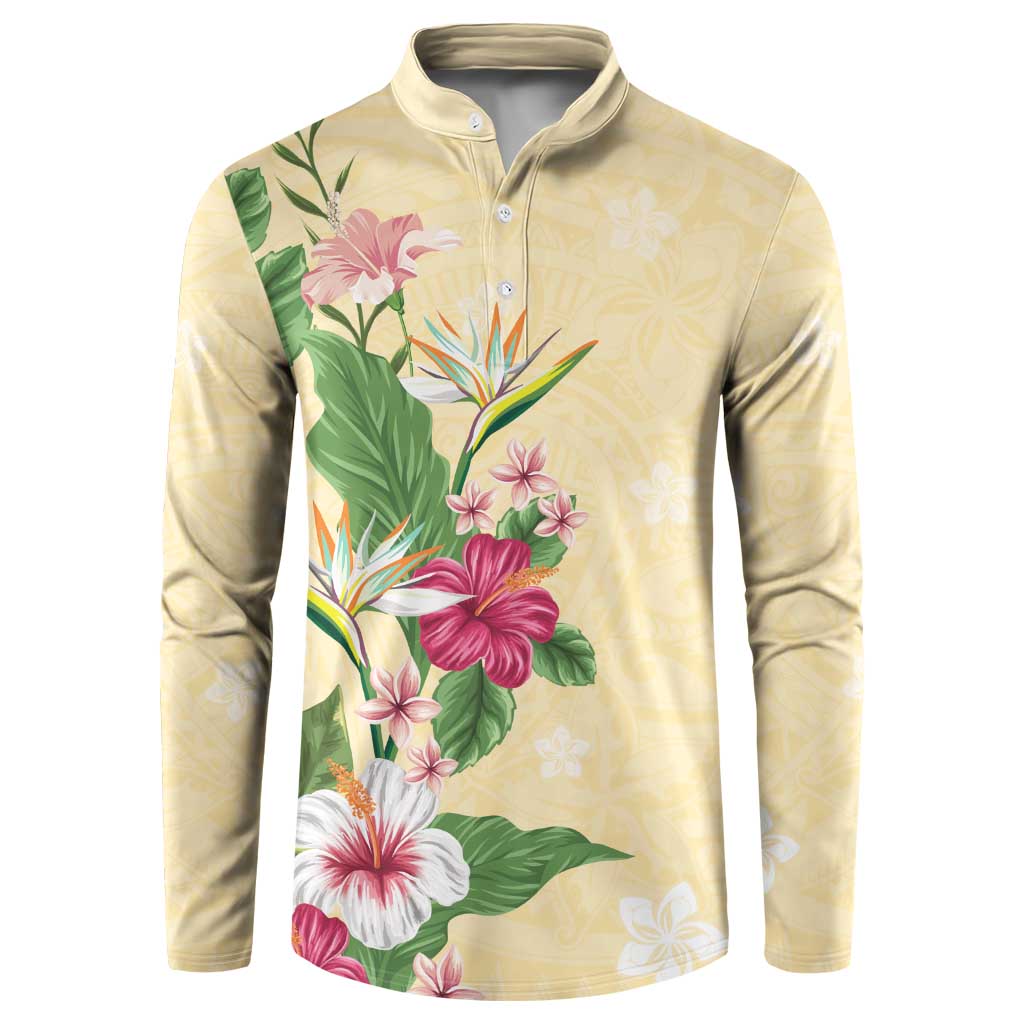 Hawaii Tropical Flowers Button Sweatshirt Polynesian Tattoo Buttermilk