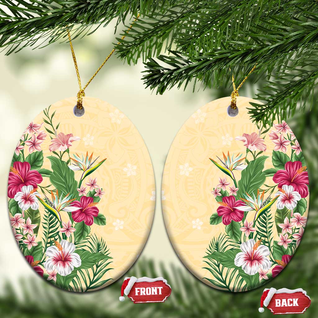 Hawaii Tropical Flowers Ceramic Ornament Polynesian Tattoo Buttermilk LT05 Oval Beige - Polynesian Pride