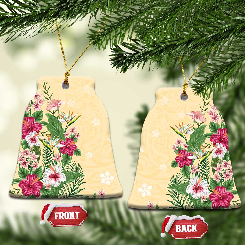 Hawaii Tropical Flowers Ceramic Ornament Polynesian Tattoo Buttermilk LT05 Bell Flake Beige - Polynesian Pride