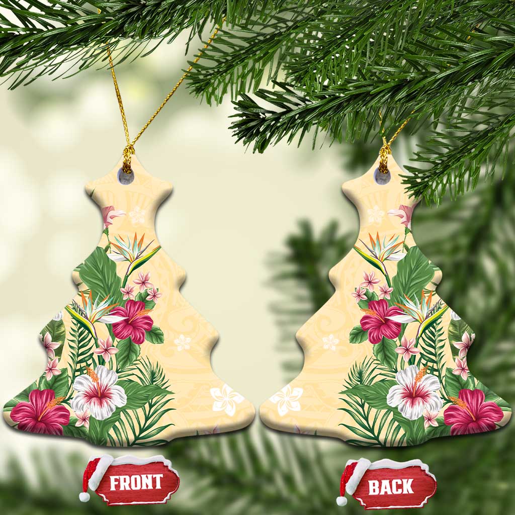 Hawaii Tropical Flowers Ceramic Ornament Polynesian Tattoo Buttermilk LT05 Christmas Tree Beige - Polynesian Pride