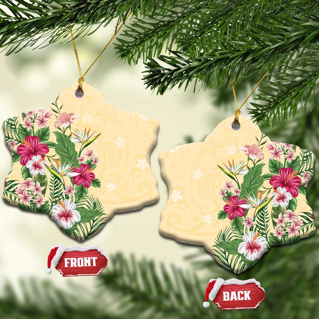 Hawaii Tropical Flowers Ceramic Ornament Polynesian Tattoo Buttermilk LT05 Snow Flake Beige - Polynesian Pride
