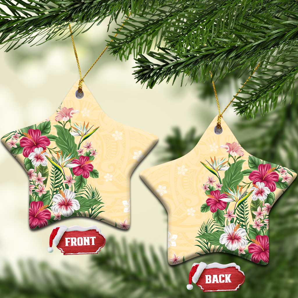 Hawaii Tropical Flowers Ceramic Ornament Polynesian Tattoo Buttermilk LT05 Star Beige - Polynesian Pride
