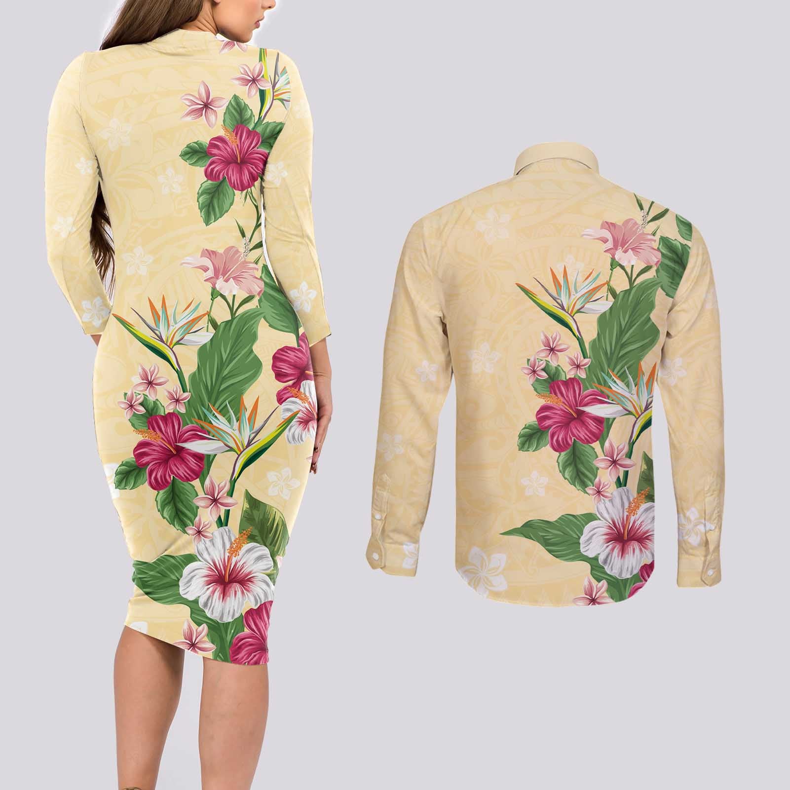 Hawaii Tropical Flowers Couples Matching Long Sleeve Bodycon Dress and Long Sleeve Button Shirt Polynesian Tattoo Buttermilk