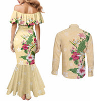 Hawaii Tropical Flowers Couples Matching Mermaid Dress and Long Sleeve Button Shirt Polynesian Tattoo Buttermilk LT05 - Polynesian Pride