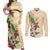 Hawaii Tropical Flowers Couples Matching Off Shoulder Maxi Dress and Long Sleeve Button Shirt Polynesian Tattoo Buttermilk