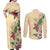 Hawaii Tropical Flowers Couples Matching Off Shoulder Maxi Dress and Long Sleeve Button Shirt Polynesian Tattoo Buttermilk