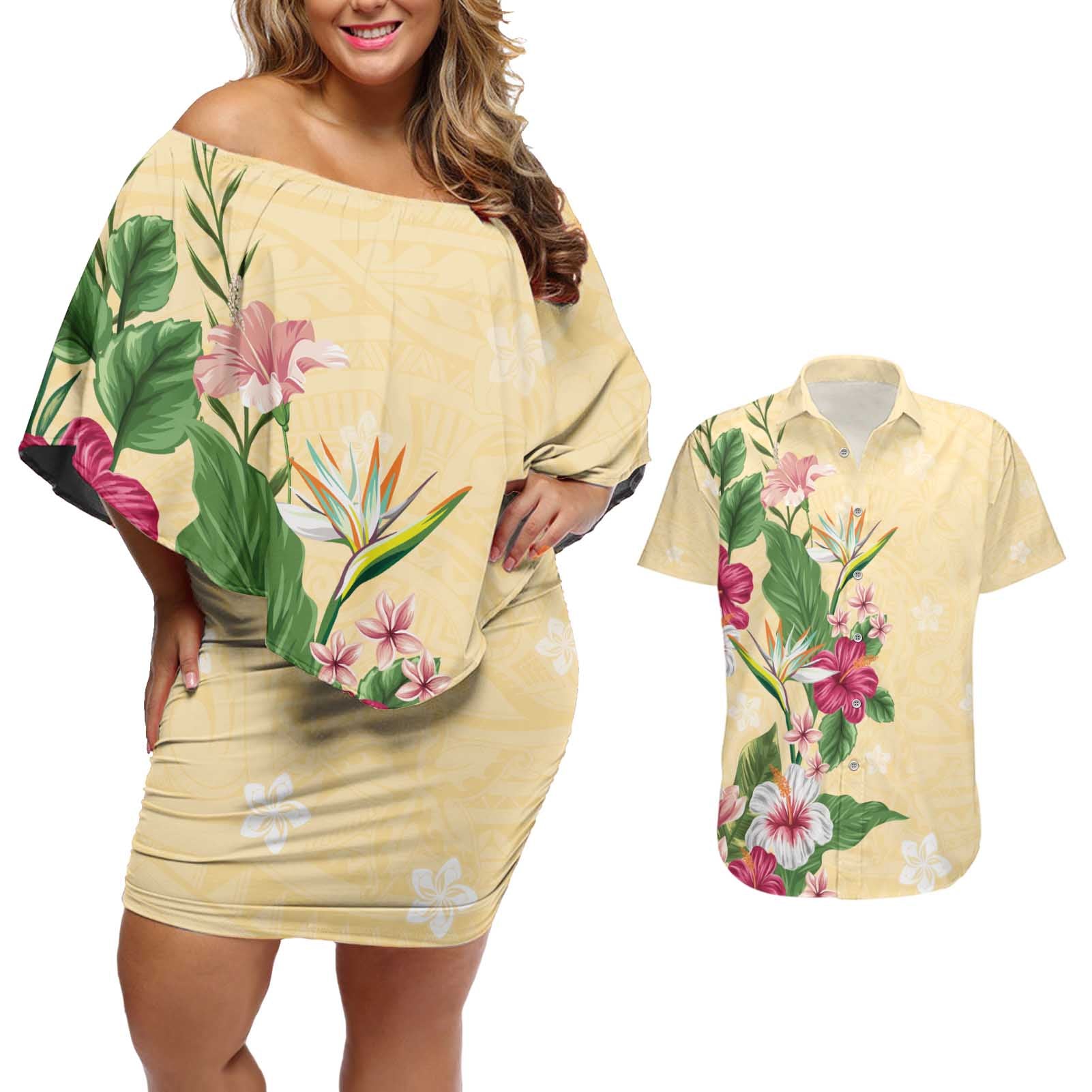 Hawaii Tropical Flowers Couples Matching Off Shoulder Short Dress and Hawaiian Shirt Polynesian Tattoo Buttermilk