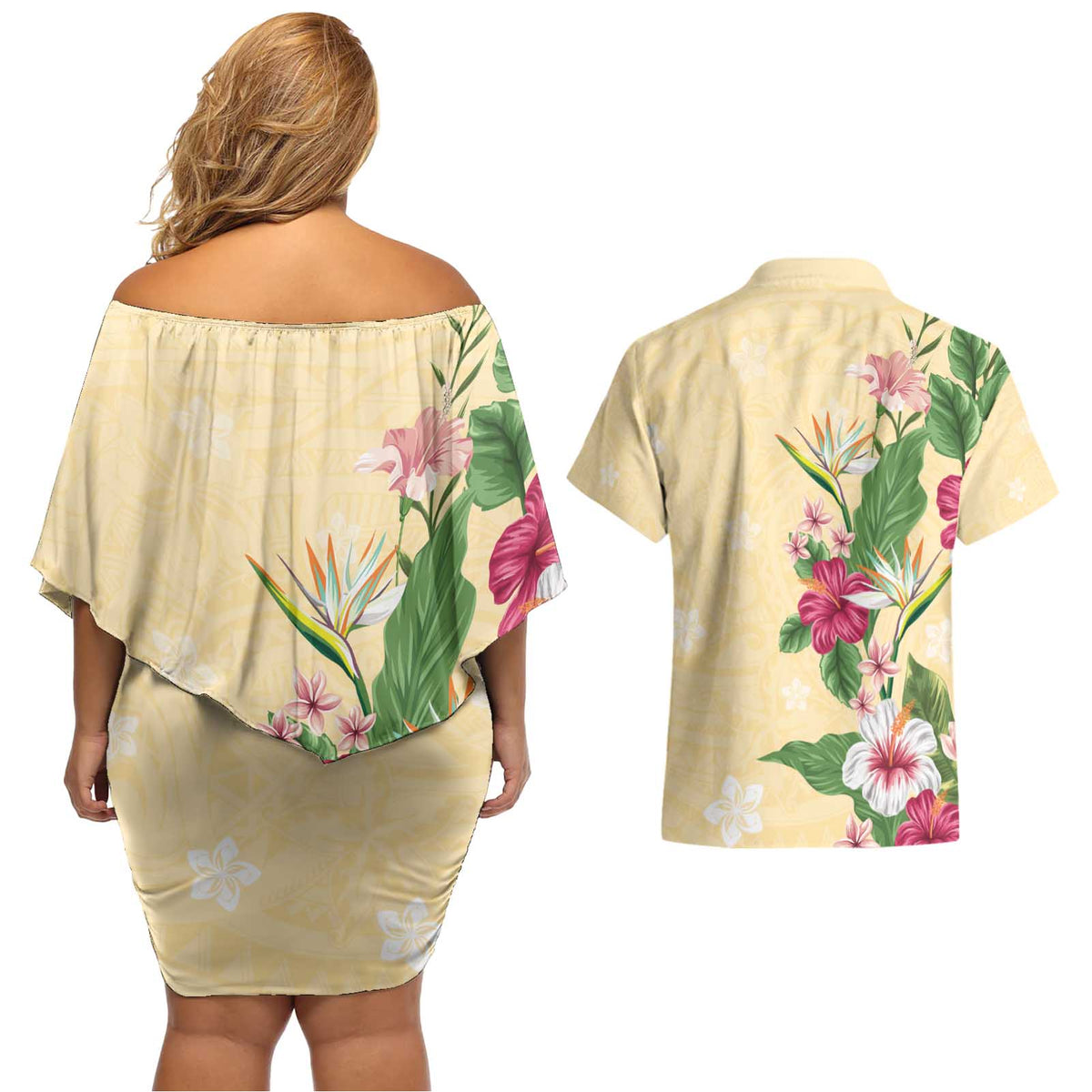 Hawaii Tropical Flowers Couples Matching Off Shoulder Short Dress and Hawaiian Shirt Polynesian Tattoo Buttermilk LT05 - Polynesian Pride