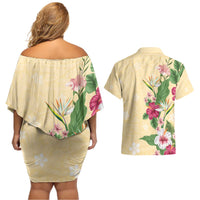 Hawaii Tropical Flowers Couples Matching Off Shoulder Short Dress and Hawaiian Shirt Polynesian Tattoo Buttermilk LT05 - Polynesian Pride