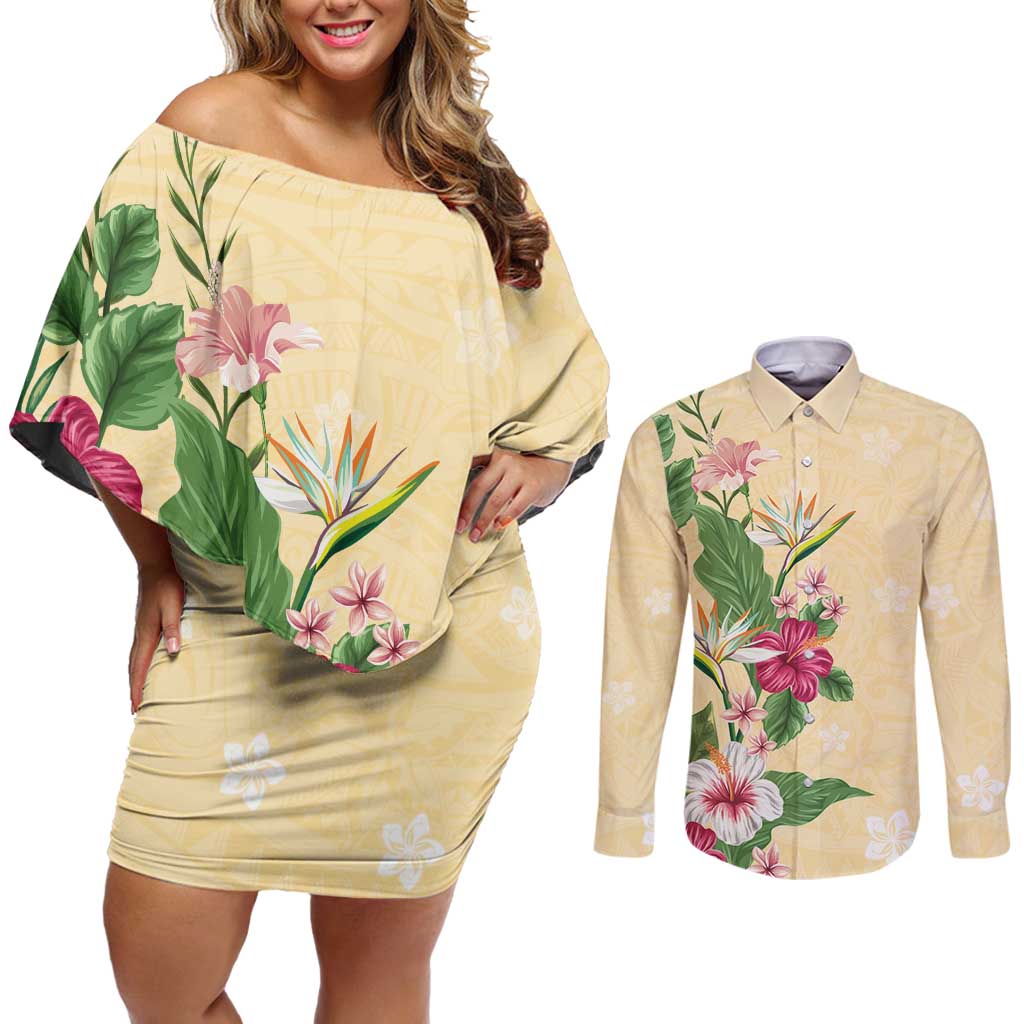 Hawaii Tropical Flowers Couples Matching Off Shoulder Short Dress and Long Sleeve Button Shirt Polynesian Tattoo Buttermilk