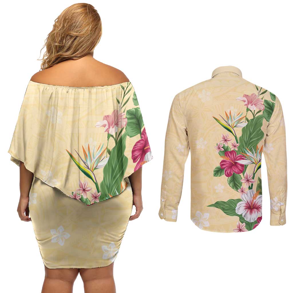Hawaii Tropical Flowers Couples Matching Off Shoulder Short Dress and Long Sleeve Button Shirt Polynesian Tattoo Buttermilk LT05 - Polynesian Pride