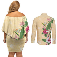 Hawaii Tropical Flowers Couples Matching Off Shoulder Short Dress and Long Sleeve Button Shirt Polynesian Tattoo Buttermilk LT05 - Polynesian Pride