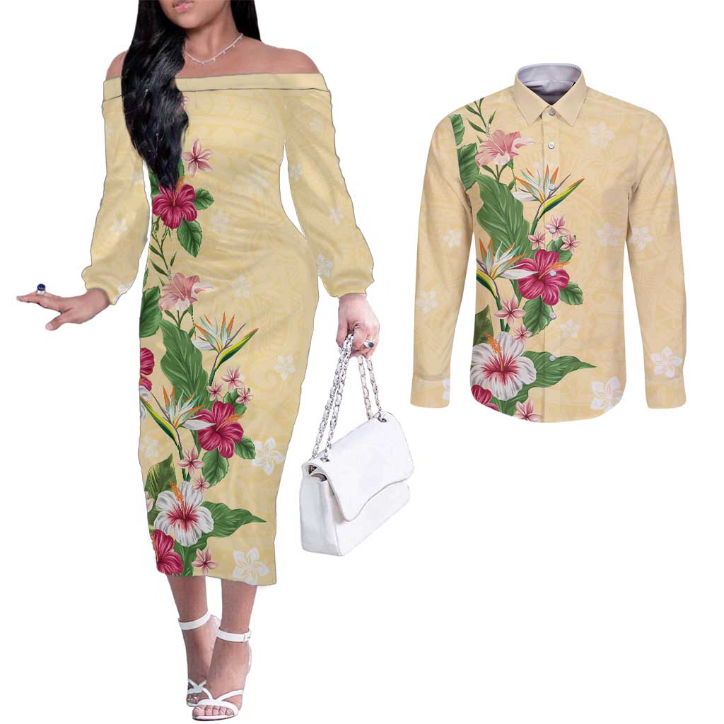 Hawaii Tropical Flowers Couples Matching Off The Shoulder Long Sleeve Dress and Long Sleeve Button Shirt Polynesian Tattoo Buttermilk