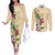 Hawaii Tropical Flowers Couples Matching Off The Shoulder Long Sleeve Dress and Long Sleeve Button Shirt Polynesian Tattoo Buttermilk