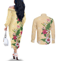 Hawaii Tropical Flowers Couples Matching Off The Shoulder Long Sleeve Dress and Long Sleeve Button Shirt Polynesian Tattoo Buttermilk LT05 - Polynesian Pride