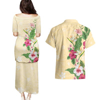 Hawaii Tropical Flowers Couples Matching Puletasi and Hawaiian Shirt Polynesian Tattoo Buttermilk LT05 - Polynesian Pride