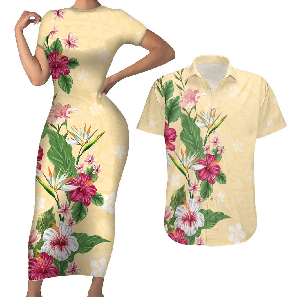 Hawaii Tropical Flowers Couples Matching Short Sleeve Bodycon Dress and Hawaiian Shirt Polynesian Tattoo Buttermilk