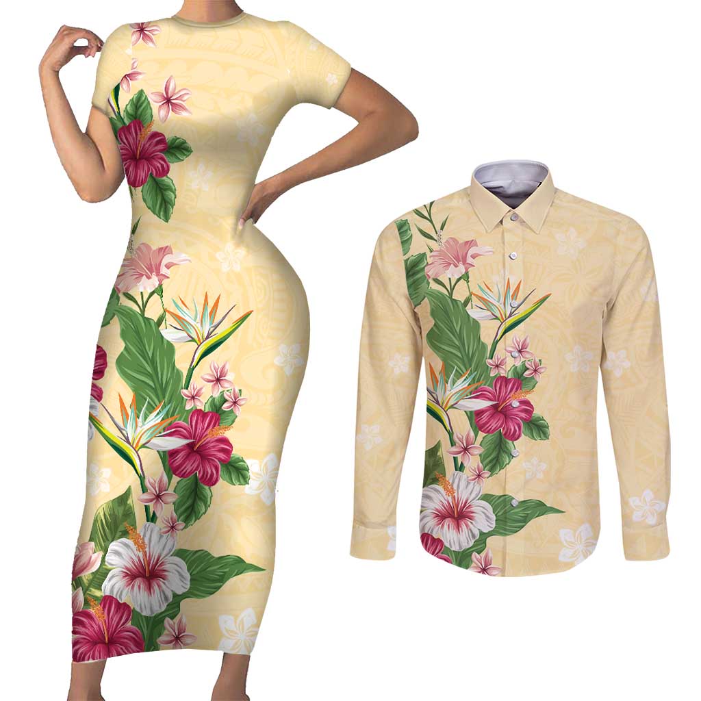 Hawaii Tropical Flowers Couples Matching Short Sleeve Bodycon Dress and Long Sleeve Button Shirt Polynesian Tattoo Buttermilk