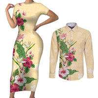 Hawaii Tropical Flowers Couples Matching Short Sleeve Bodycon Dress and Long Sleeve Button Shirt Polynesian Tattoo Buttermilk LT05 Beige - Polynesian Pride