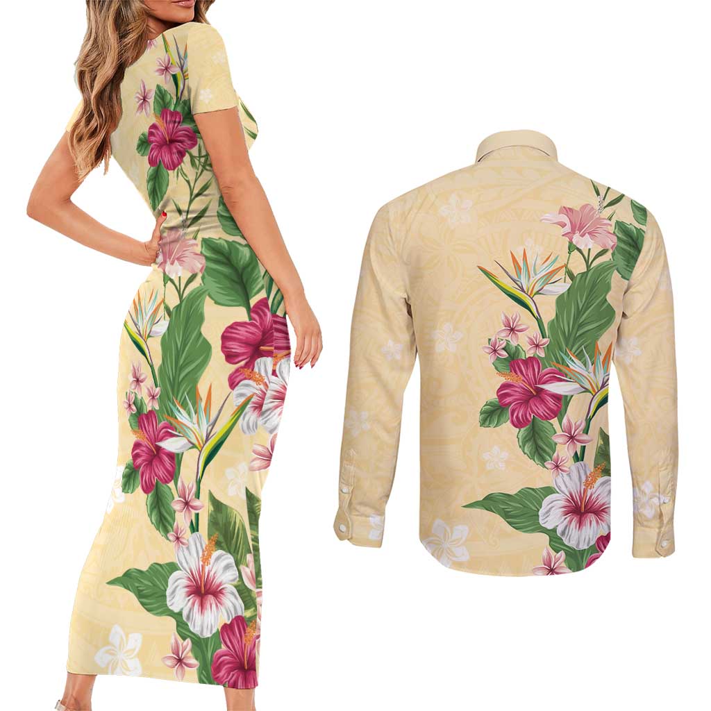 Hawaii Tropical Flowers Couples Matching Short Sleeve Bodycon Dress and Long Sleeve Button Shirt Polynesian Tattoo Buttermilk LT05 - Polynesian Pride