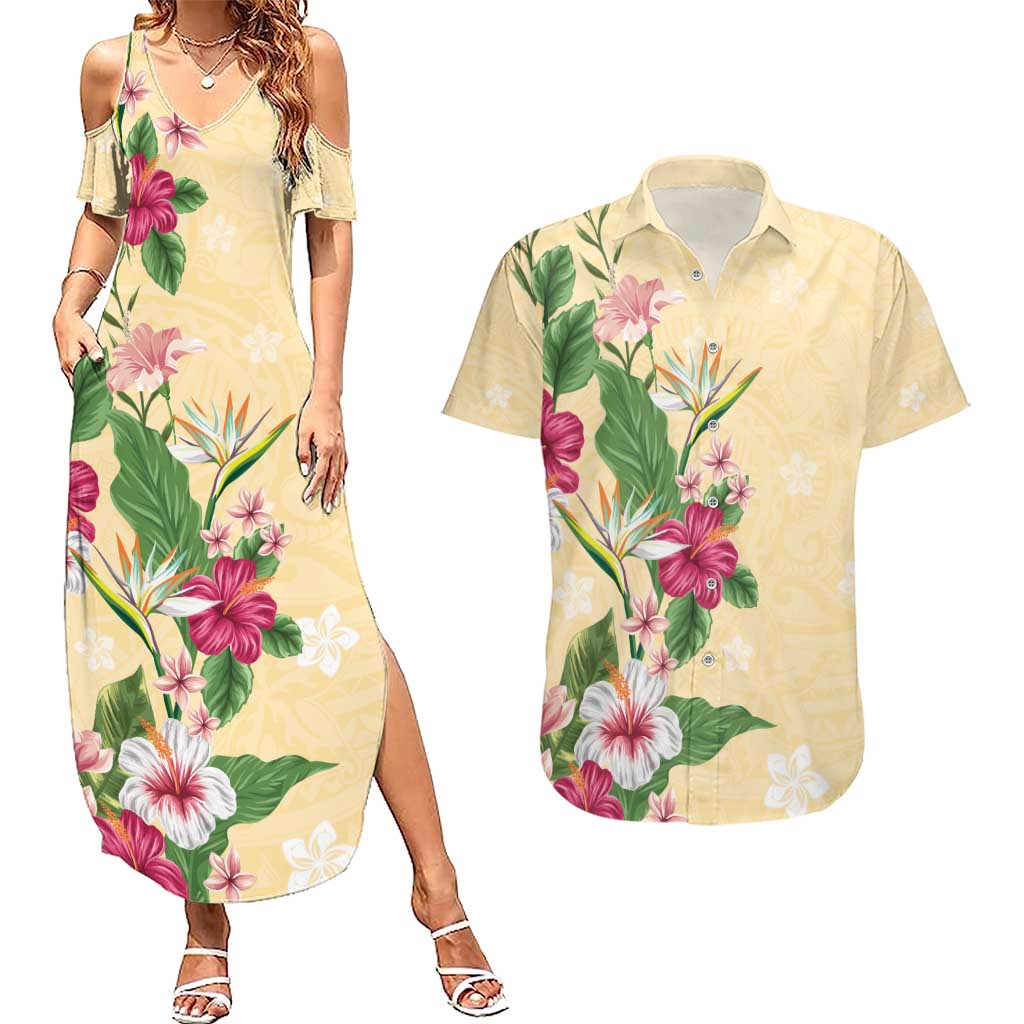 Hawaii Tropical Flowers Couples Matching Summer Maxi Dress and Hawaiian Shirt Polynesian Tattoo Buttermilk