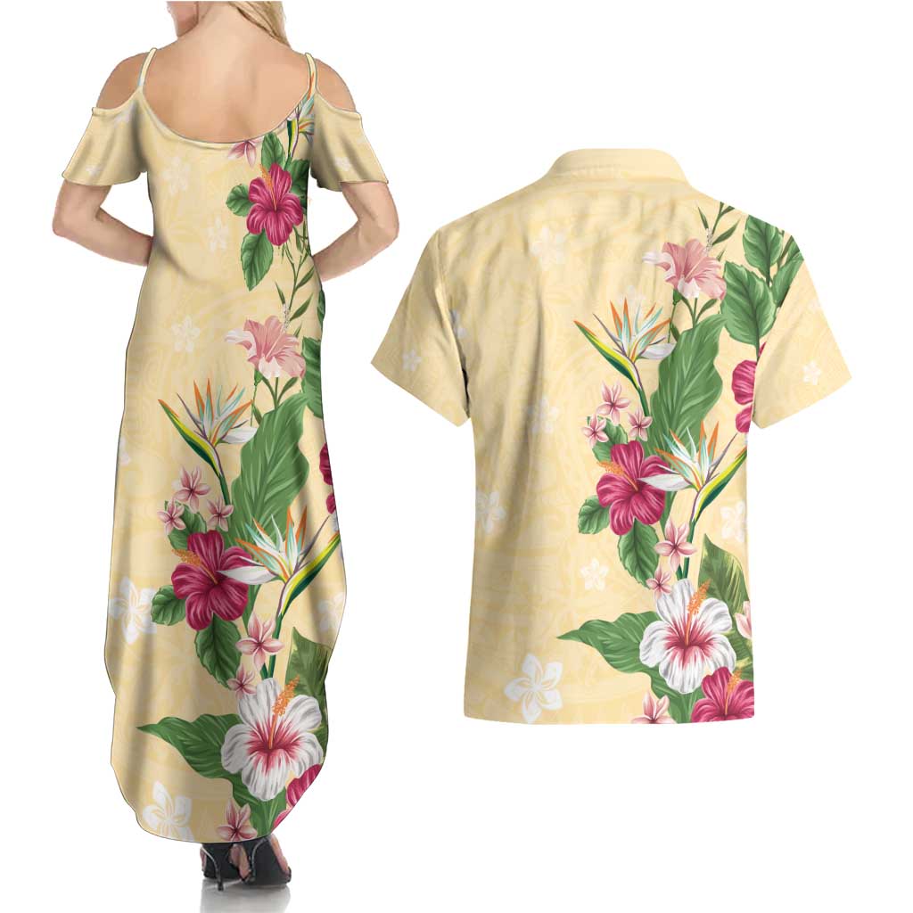 Hawaii Tropical Flowers Couples Matching Summer Maxi Dress and Hawaiian Shirt Polynesian Tattoo Buttermilk LT05 - Polynesian Pride