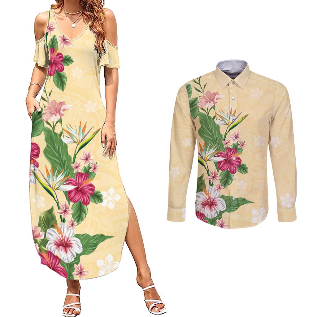 Hawaii Tropical Flowers Couples Matching Summer Maxi Dress and Long Sleeve Button Shirt Polynesian Tattoo Buttermilk