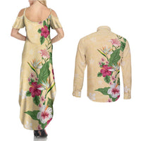 Hawaii Tropical Flowers Couples Matching Summer Maxi Dress and Long Sleeve Button Shirt Polynesian Tattoo Buttermilk LT05 - Polynesian Pride