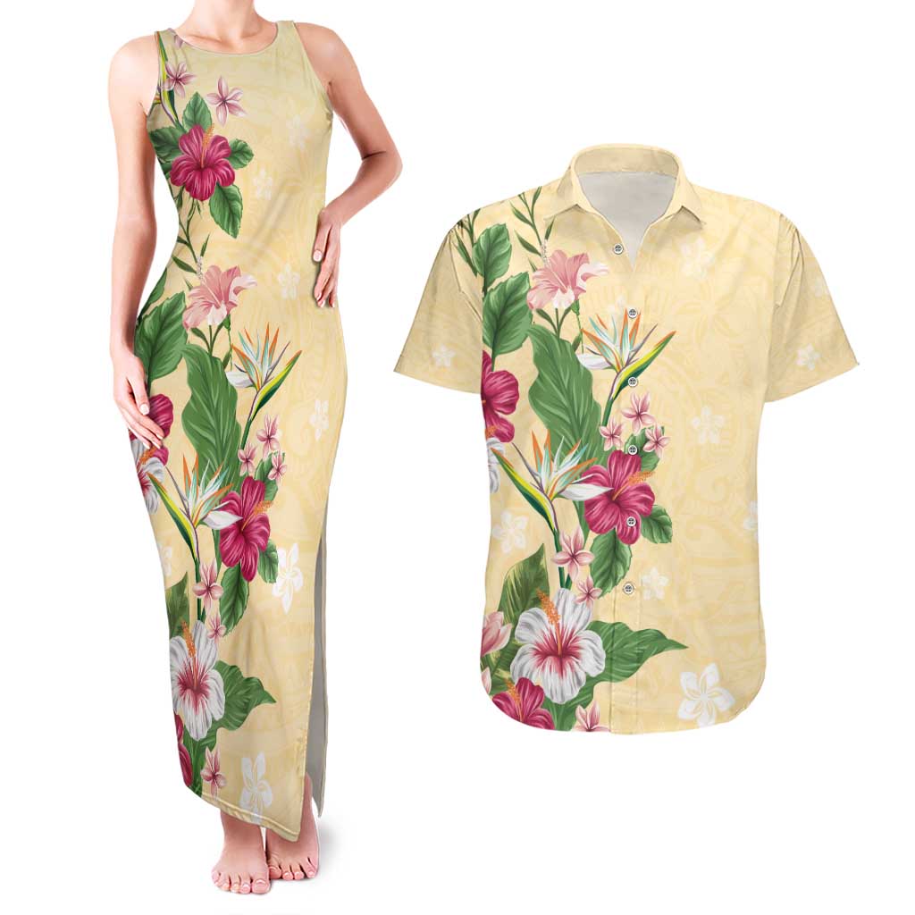 Hawaii Tropical Flowers Couples Matching Tank Maxi Dress and Hawaiian Shirt Polynesian Tattoo Buttermilk