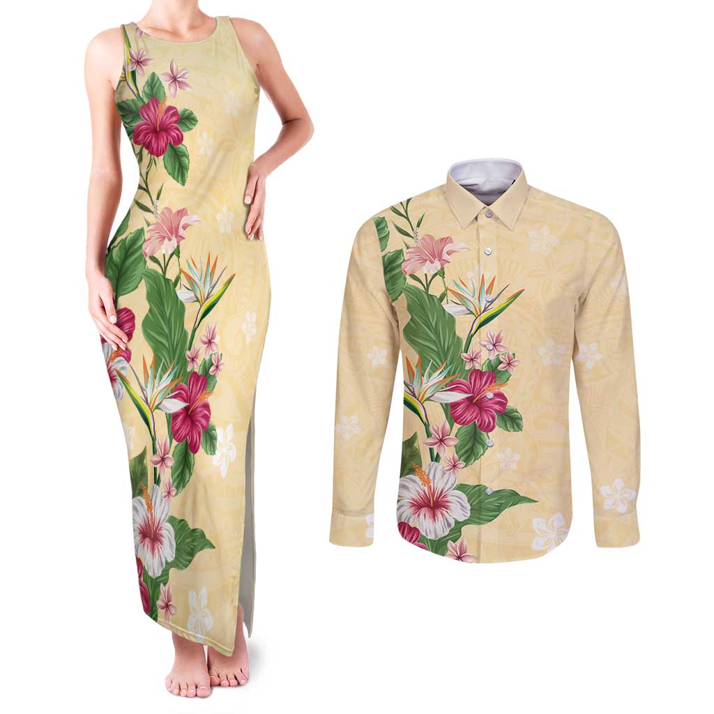 Hawaii Tropical Flowers Couples Matching Tank Maxi Dress and Long Sleeve Button Shirt Polynesian Tattoo Buttermilk